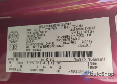 2018 Ford F-150 Xlt z USA, uszkodzony, nr VIN 1FTFW1E55JFC66633